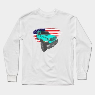 Jeep Wrangler with American Flag - Ocean Blue Long Sleeve T-Shirt